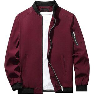 Men's Slim Fit Wear Lightweight Red Bomber Jacket Coat Winter Zipper Closure